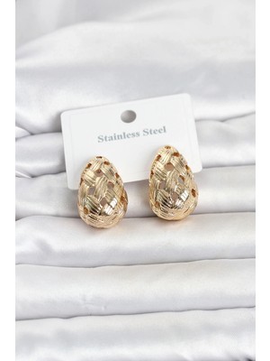 Erdo Ticaret Buğz 316L Çelik Gold Renk Motifli Damla Kadın Küpe