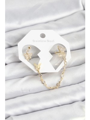 Erdo Ticaret Buğz Kelebek Model Pirinç Gold Renk Zincir Bağlantılı Ear Cuff Küpe Seti