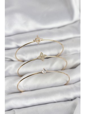 Mabelme Store Zirkon Taşlı Gold Renk Yonca Model 3'lü Kadın Bileklik Kombini