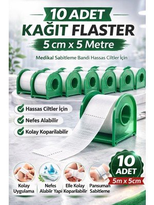 Bezos Kağıt Flaster 5 cm x 5 M 10 Adet Medikal Sabitleme Bandı Hassas Ciltler Için
