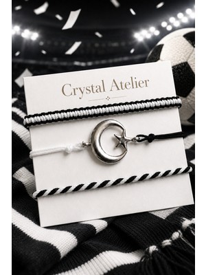 Crystal Atelier Siyah Beyaz Ay Yıldız Makrome Taraftar Bileklik Seti El Yapımı Ayarlanabilir