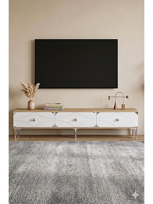 Yumedi Design TSA1897DBS - Elifa Tv Stand , Tv Sehpası 180CM Safirmeşe-Beyaz-Silver