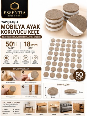 ESBH 18 mm Yapışkanlı Mobilya Ayağı Keçesi 50'li – Sessiz Kullanım ve Zemin Koruyucu