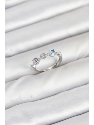 Mabelme Store Mey Ithalat® Pirinç Gümüş Renk Renkli Zirkon Taşlı Kadın Yüzük