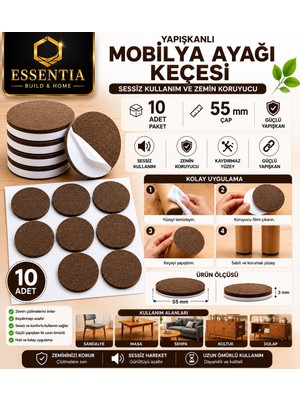 ESBH 55 mm Yapışkanlı Mobilya Ayağı Keçesi 10'lu – Sessiz Kullanım ve Zemin Koruyucu
