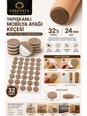 ESBH 24 mm Yapışkanlı Mobilya Ayağı Keçesi 32'li – Sessiz Kullanım ve Zemin Koruyucu