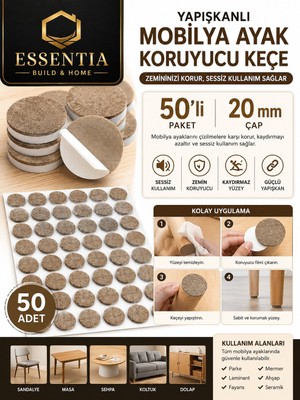 ESBH 20 mm Yapışkanlı Mobilya Ayağı Keçesi 50'li – Sessiz Kullanım ve Zemin Koruyucu