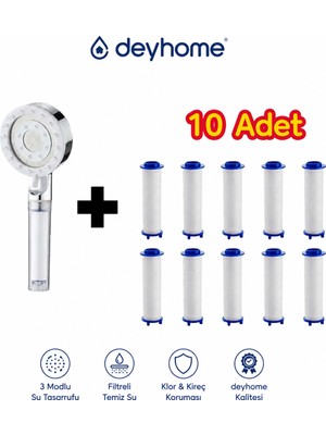 deyhome 5 Kademeli Filtreli Masajlı Duş Başlığı + 10 Adet Yedek Filtre Basınç Artırıcı Su Tasarruflu Banyo Başlığı
