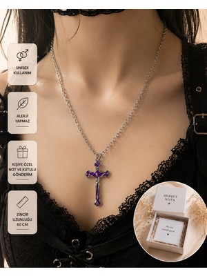 Herşey Nota Mor Gotik Haç Kolye – Unisex Vintage Stil Zincir Kolye 60 cm