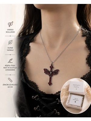 Herşey Nota Kırmızı Kelebek Detaylı Gotik Haç Kolye – Unisex Vintage Stil Zincir Kolye