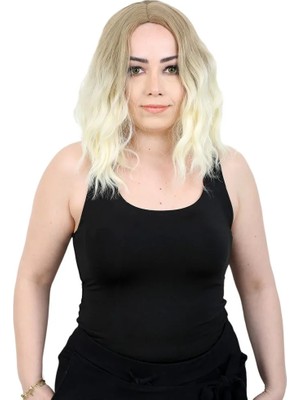TeknoKapsül Fiber Sen Kısa Daalı Perçemsiz Peruk / Küllü Balköpüğü / Platin Ombreli