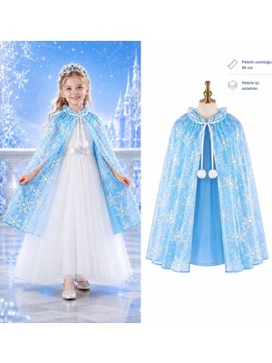 TeknoKapsül Kar Tanesi Desenli Elsa Pelerini - Astarlı Frozen Pelerini 85 cm