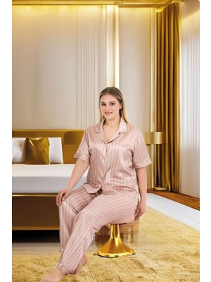 Mabelme Store Büyük Beden Şık Tasarım Vizon Çizgili Düğmeli Kısa Kol Lüx Saten Pijama Takımı
