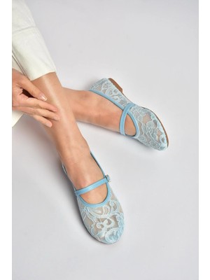 Fox Shoes Y726864006 Mavi Dantelli Kadın Babet