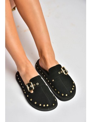 Fox Shoes Y918143802 Siyah Süet Önü Kapalı Zımba Detaylı Sabo Terlik