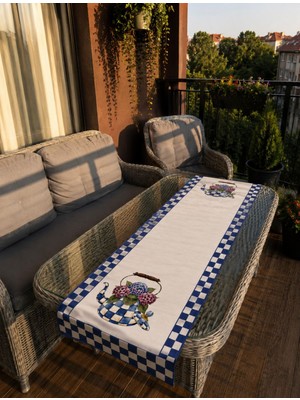 Karam Home Mavi Damalı Çiçekli Dekoratif Runner