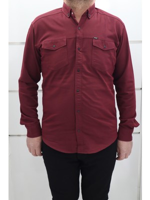 Becces Fistan Store Erkek Bordo Düz Spor Kesim Dar Kalıp Çift Cepli Uzun Kollu Yazlık Keten Gömlek