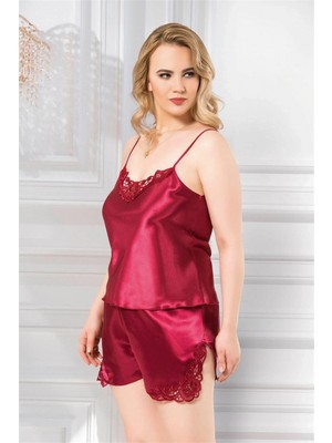 Marsilyan-  Büyük Beden Bordo Saten Babydoll Şort Takımı Zarif Kadın Gece Giyim