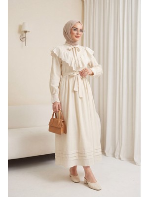 Moda Morfo Yakası ve Beli Bağlamalı Fistolu Astarlı Krinkıl Elbise -Taş