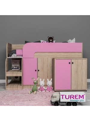 Pink Çalışma Masalı Ranza Mdf