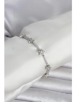 Mabelme Store Mey Ithalat® Pirinç Gümüş Renk Zirkon Taşlı Yıldız Model Kadın Bileklik