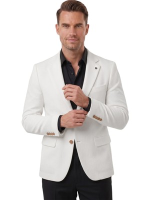 Rizzup Erkek Beyaz Dokulu Desenli Italyan Kesim Blazer Ceket – Slim Fit Çift Düğme Ceket 2600817