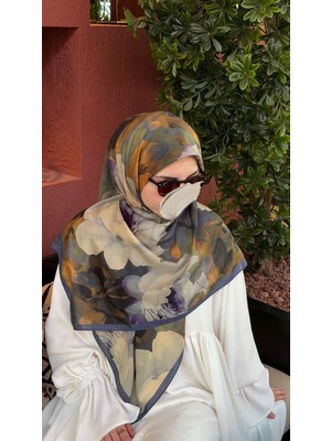 Qalortex Scarf Pamuklu Soft Meva Desen Eşarp-Lacivert