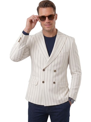 Rizzup Erkek Beyaz Çizgili Kruvaze Blazer Ceket – Slim Fit Modern Kesim Şık Yazlık Ceket 2600814