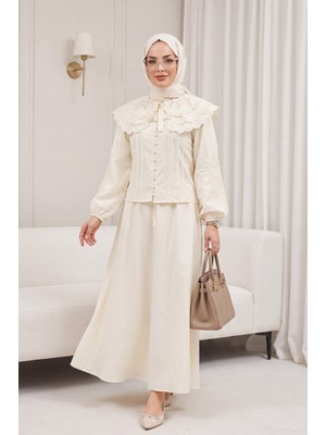 Moda Morfo Geniş Yakalı Bağlamalı Kolu Lastikli Eteği Astarlı Poplin Takım  -Krem