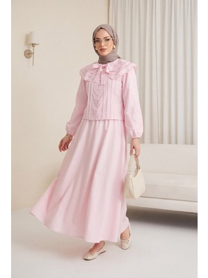 Moda Morfo Geniş Yakalı Bağlamalı Kolu Lastikli Eteği Astarlı Poplin Takım  -Pembe