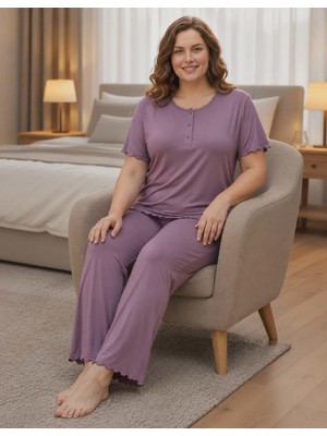 Derya Kadın Bambo Büyük Beden Düğme Yaka Ince Kısa Kol Pijama Takımı 7943 - 1 Adet