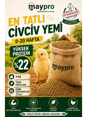 Civciv Yemi 3 Kg, Hızlı Büyüme %22 Protein Granül Yem, 0-20 Hafta Başlangıç Yemi