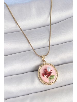 Mabelme Store Mey Ithalat® 316L Çelik Gold Renk Zincir Pembe Mineli Incili Çiçek Işlemeli Portre Model Kadın Kolye