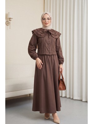 Moda Morfo Geniş Yakalı Bağlamalı Kolu Lastikli Eteği Astarlı Poplin Takım  -Kahve