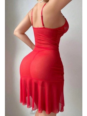Red Womans Özel Tasarım Fırfırlı Dantel Işlemeli Tül Fantezi Kırmızı Gecelik