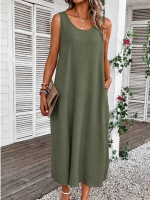 Gökyüzü Moda Kadın Askılı Yuvarlak Yakalı Cepli Uzun Bürümcük Elbise