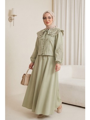Moda Morfo Geniş Yakalı Bağlamalı Kolu Lastikli Eteği Astarlı Poplin Takım  -Çağla Y.