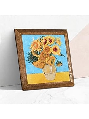 Tech Butiq Vincent Van Gogh On Iki Ayçiçekli Vazo Taş Duvar Tablosu - Ahşap Çerçeveli Taş Tablo - 25X25 cm - Dekoratif Duvar Sanatı - Modern Ev ve Ofis Duvar Dekoru W1-276
