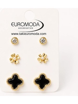 twingold Siyah Mineli Yonca  Gold Renk 3'lü Küpe Seti