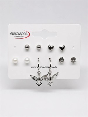 twingold Kuş Kalp Detaylı Gümüş Renk 6'lı Küpe Seti