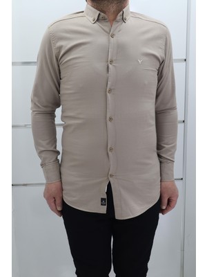 Becces Fistan Store Erkek Kahverengi Düz Spor Kesim Dar Kalıp Cepsiz Uzun Kollu Yazlık Keten Gömlek