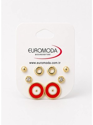 twingold Kırmızı Yuvarlak Gold Renk 4'lü Küpe Seti