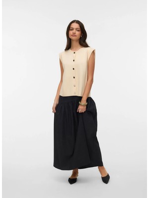 Vero Moda Krem Kadın Düz Standart Triko Kazak Vmgold Sl O-Neck Button Vest Boo