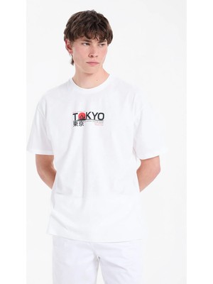 Lee Cooper TOBIAS Erkek Loose %100 Pamuk Baskılı Bisiklet Yaka T-Shirt Beyaz