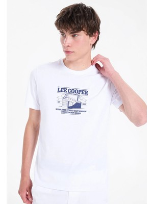 Lee Cooper WESTON Erkek Regular Fit %100 Pamuk Baskılı Bisiklet Yaka T-Shirt Beyaz