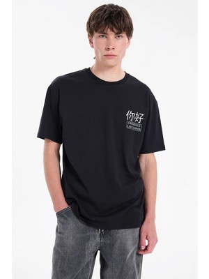 Lee Cooper JOSUE Erkek Loose %100 Pamuk Baskılı Bisiklet Yaka T-Shirt Siyah