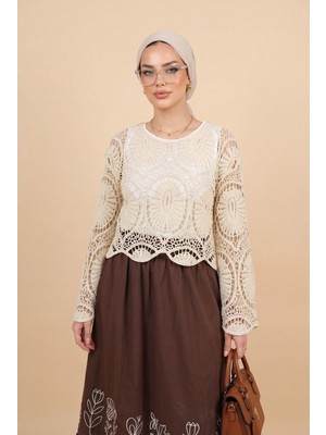 Moda Morfo Dantel Örgü Triko Bluz  -Ekru