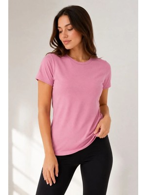 Tarz Yeri Kadın Basic Tişört Bisiklet Yaka Kısa Kol Günlük Yazlık Slim Fit T-Shirt - Pembe