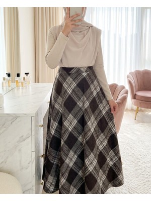 Moda Morfo Ekose Desenli Yanı Fermuarlı  Kaşe Çan Etek    -Kahve