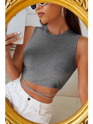 Kadın Gri Çapraz Bağlamalı Crop Top Büstiyer